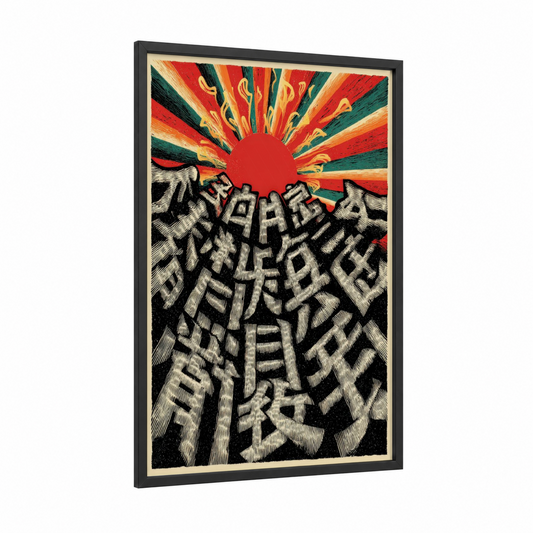 Rising Sun Metropolis framed japanese psychedelic print — black wood frame — red and black and white palette