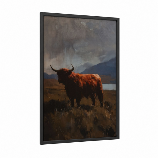 Highland Angus Stance framed angus cow print — black wood frame — russet and dove gray palette