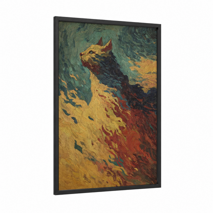 Mystical Sphinx framed art print — black wood frame — gold and maroon palette