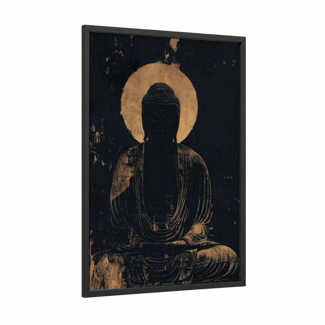 Golden Buddha Serenity framed buddhism print — black wood frame — gold and black palette