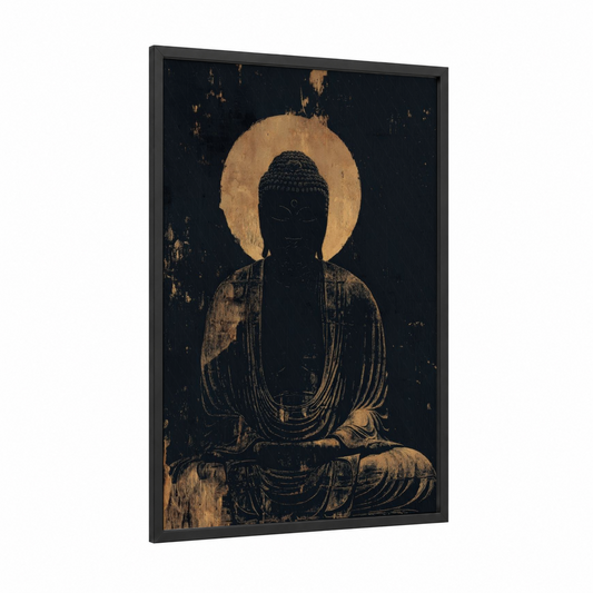 Golden Buddha Serenity framed buddhism print — black wood frame — gold and black palette