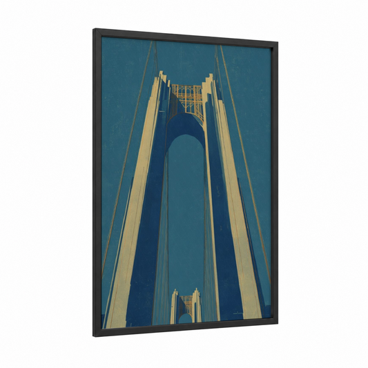 Golden Suspension Bridge framed bridges print — black wood frame — gold and dark blue palette