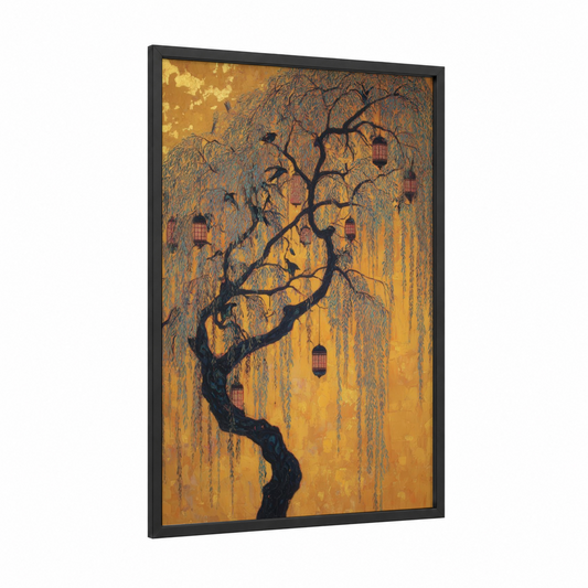 Golden Willow Lanterns framed willow tree print — black wood frame — gold and black palette