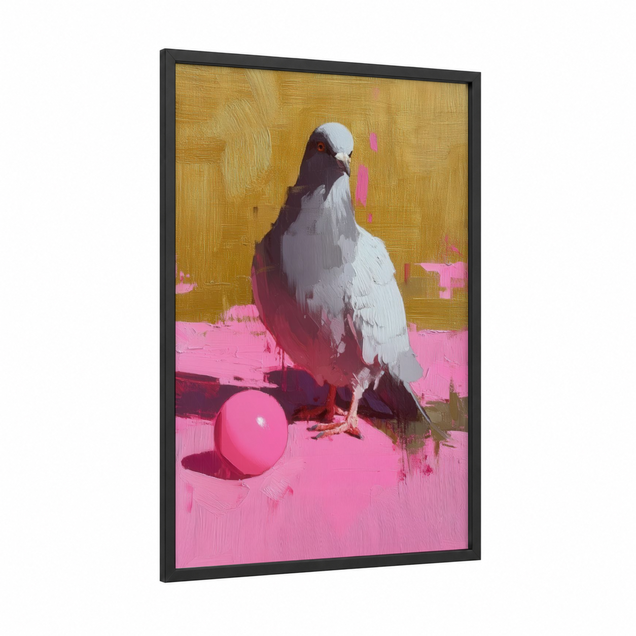 Pink Pigeon Pop framed art print — black wood frame — gold and magenta palette