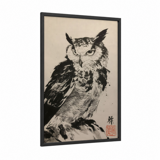 Intense Owl Portrait framed art print — black wood frame — black and white palette