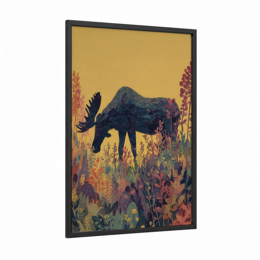 Golden Meadow Moose framed art print — black wood frame — yellow gold and russet palette