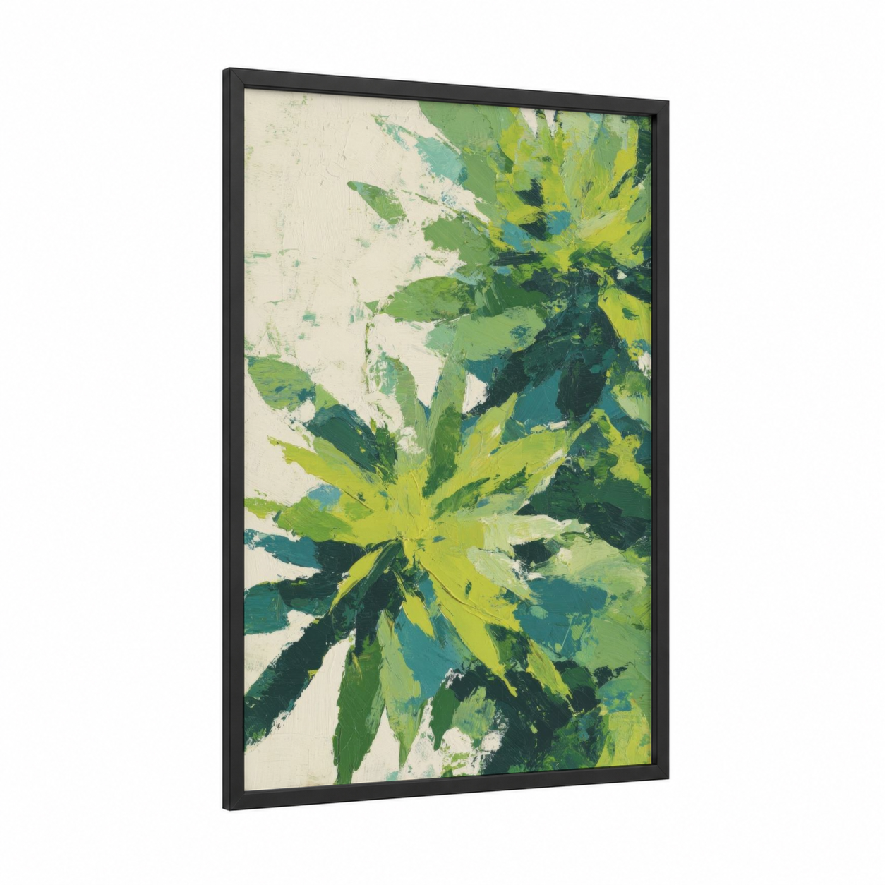 Abstract Cannabis Burst framed marijuana print — black wood frame — yellow and teal palette