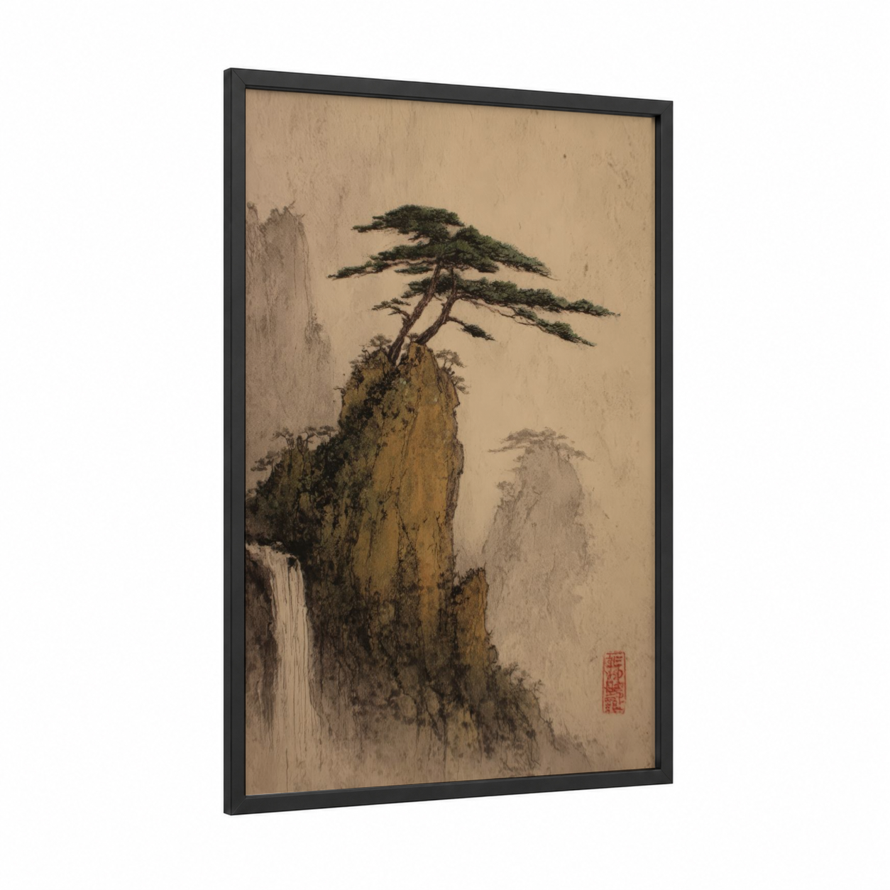 Windswept Cedar framed cedar tree print — black wood frame — beige and gray palette