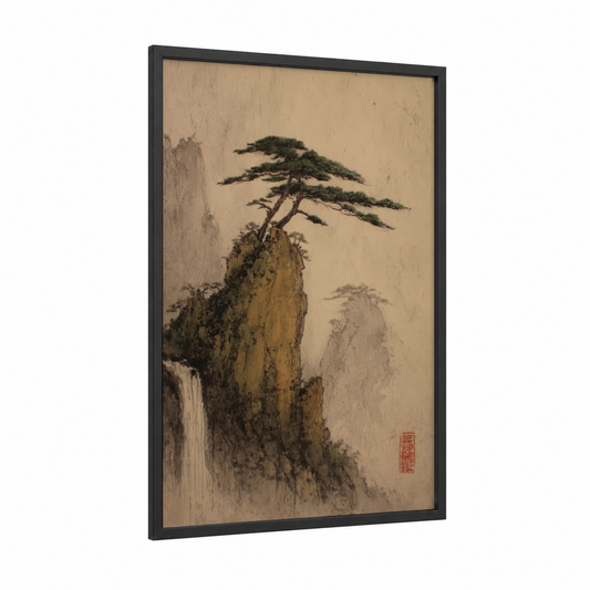 Windswept Cedar framed cedar tree print — black wood frame — beige and gray palette