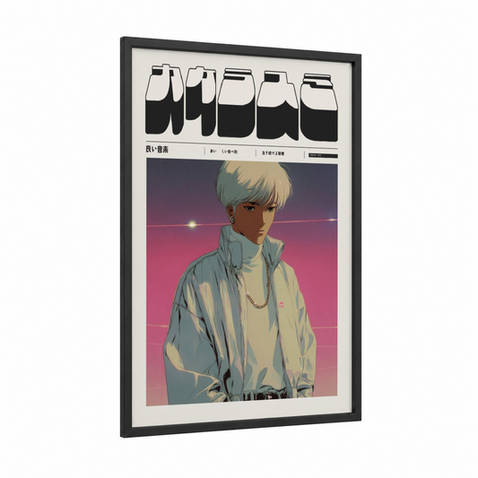 Neon Anime Portrait framed anime and manga print — black wood frame — magenta and teal palette