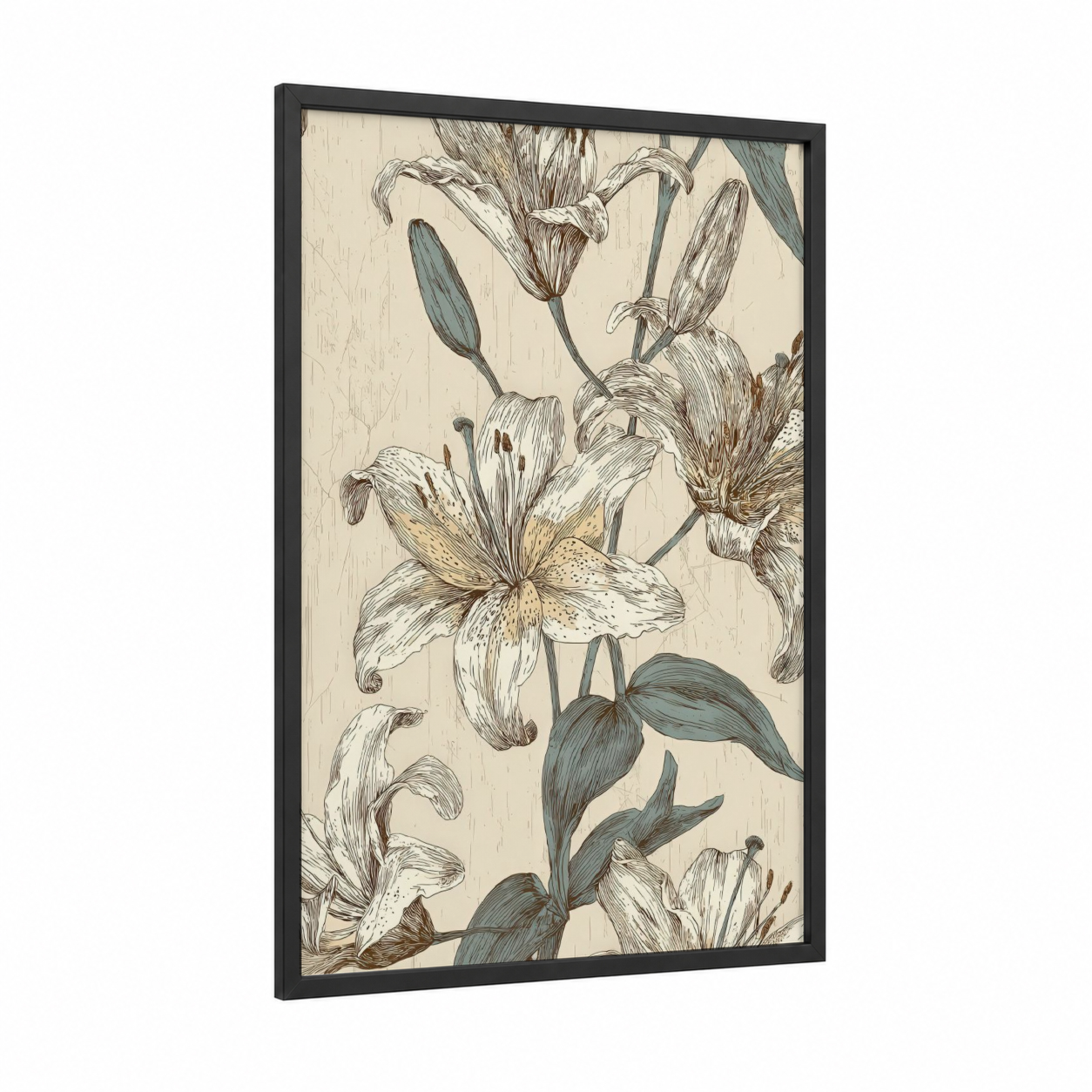 Botanical Lily Study framed art print — black wood frame — cream and teal palette