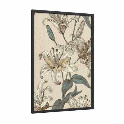 Botanical Lily Study framed art print — black wood frame — cream and teal palette