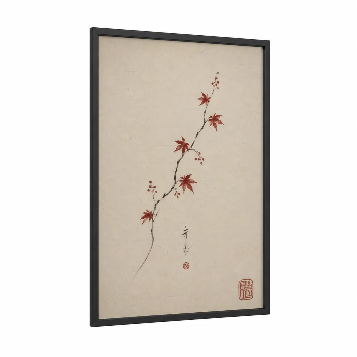 Japanese Maple Branch Minimalist Wall Art framed leaf print — black wood frame — beige and maroon palette