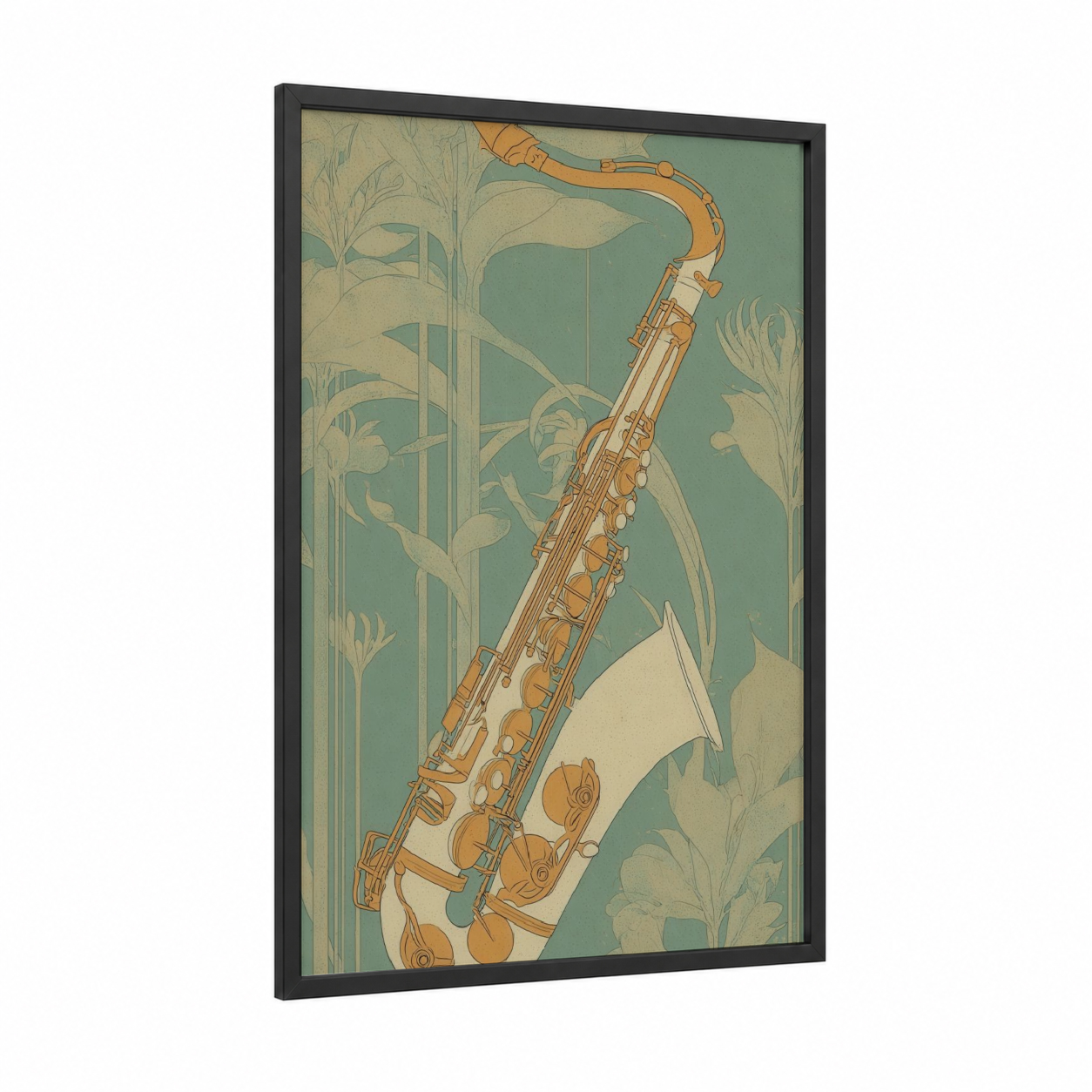 Botanical Saxophone framed art print — black wood frame — sage green and gold palette