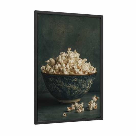 Vintage Popcorn Bowl framed art print — black wood frame — dove gray and cream palette