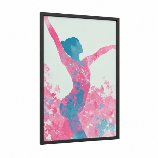Victorious Gymnast framed gymnastics print — black wood frame — blue and pink palette