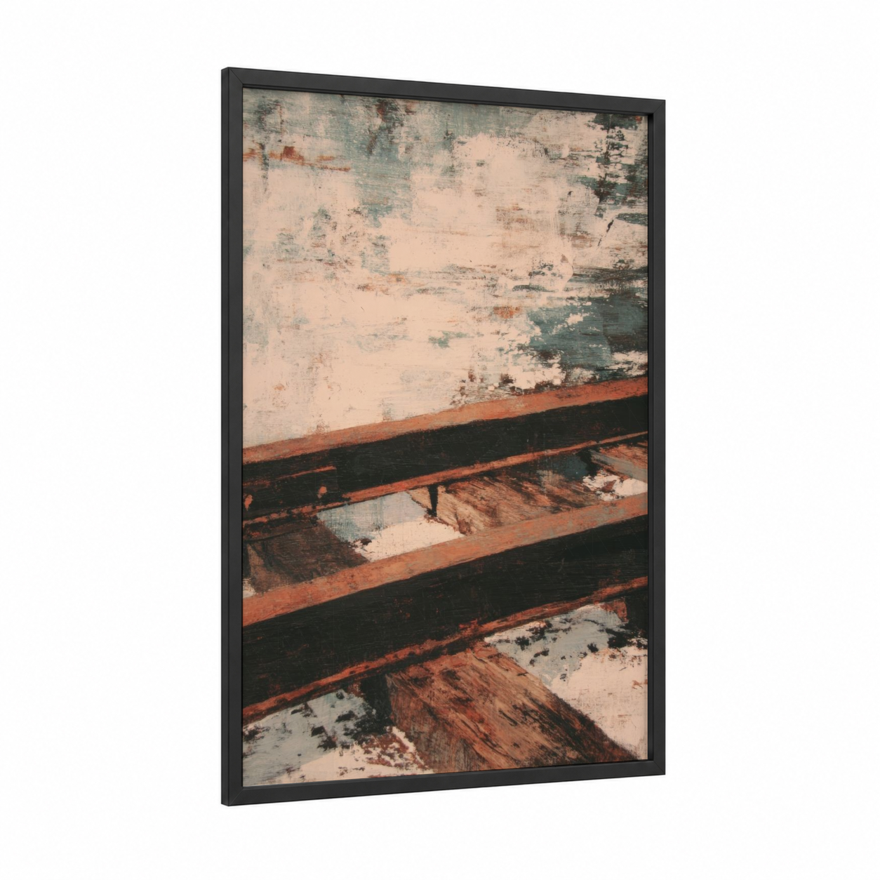 Rustic Railway Decay framed train tracks print — black wood frame — russet and cream palette