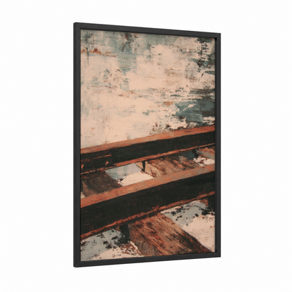 Rustic Railway Decay framed train tracks print — black wood frame — russet and cream palette