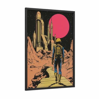 Mars Explorer framed comic books print — black wood frame — gold and magenta palette