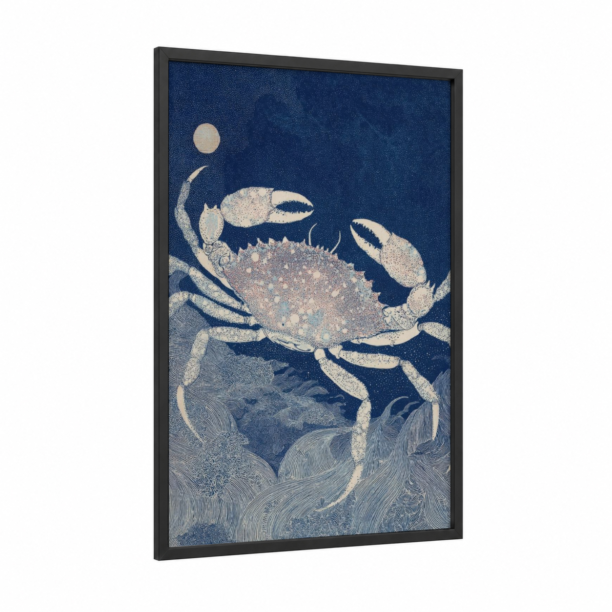 Celestial Cancer framed art print — black wood frame — dark blue and cream palette
