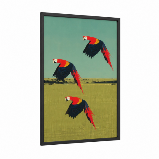 Flying Macaw Trio framed safari parrots print — black wood frame — red and gold and white palette
