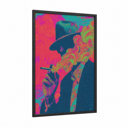 Neon Smoke Portrait framed art print — black wood frame — magenta and lime green palette