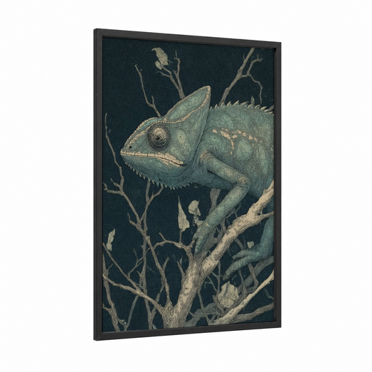 Emerald Chameleon framed art print — black wood frame — light green and dove gray palette