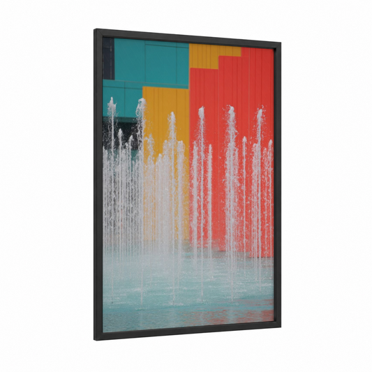 Colorblock Fountain framed fountains print — black wood frame — blue and gold and red palette