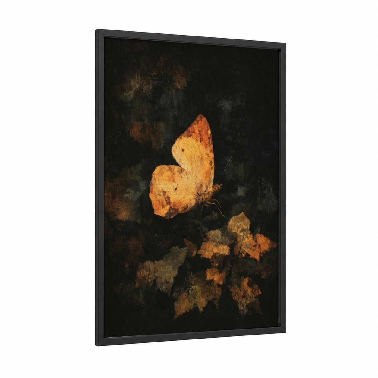 Golden Butterfly framed art print — black wood frame — gold and black palette