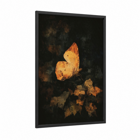 Golden Butterfly framed art print — black wood frame — gold and black palette