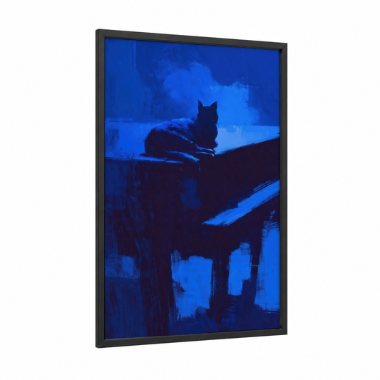 Midnight Piano Cat framed art print — black wood frame — blue and black and blue palette