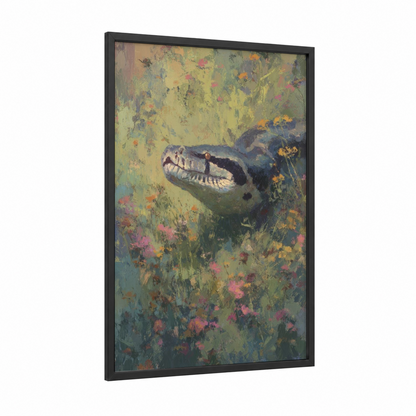 Flower Garden Serpent framed boa constrictor print — black wood frame — yellow and green palette