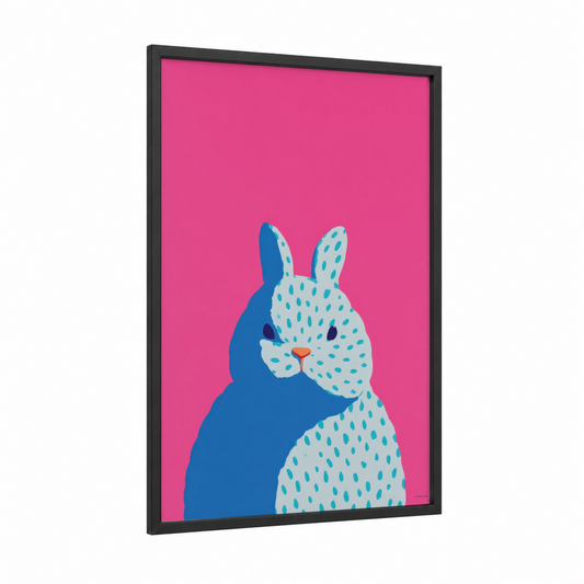 Spotted Rabbit framed art print — black wood frame — magenta and blue palette