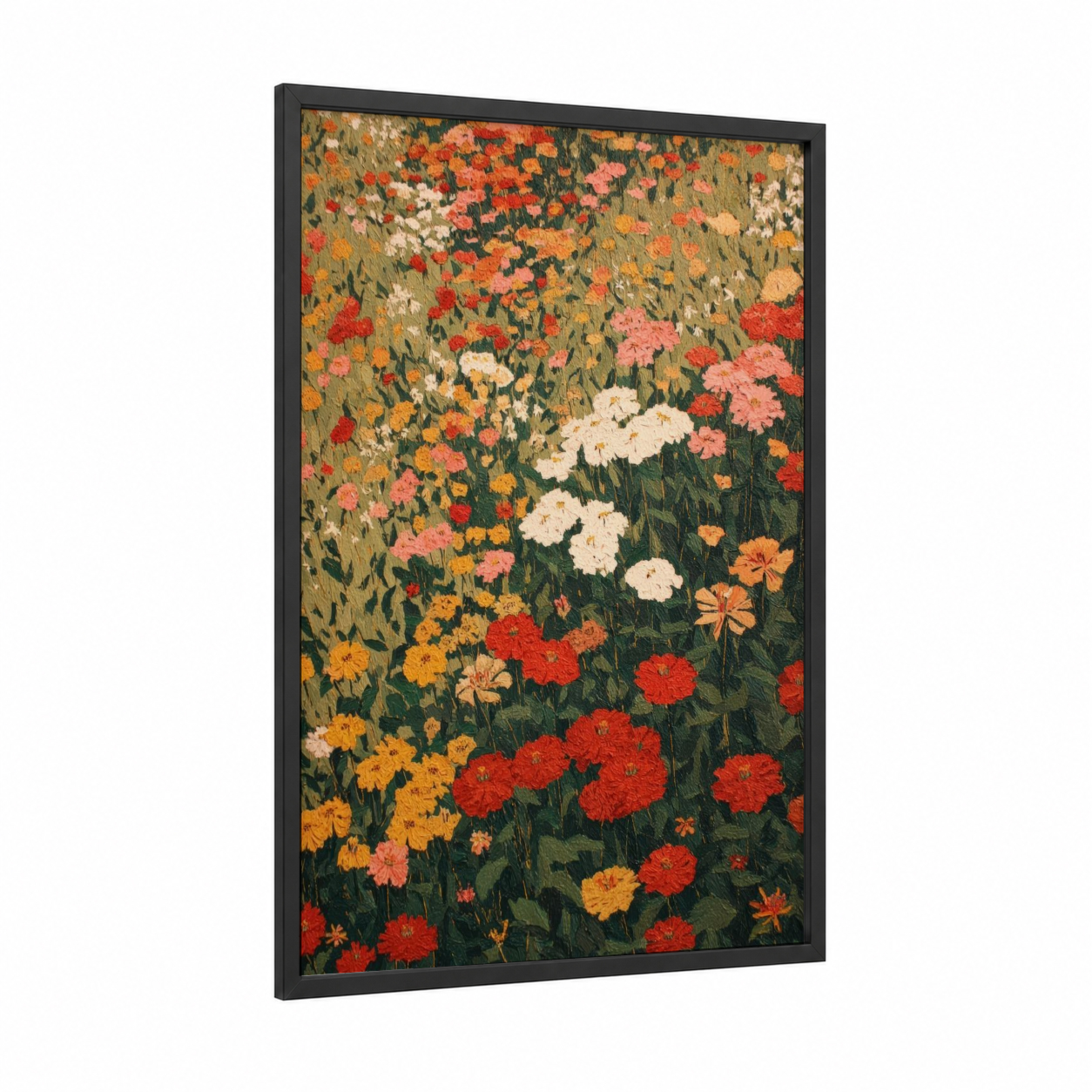 Wildflower Meadow framed flower field print — black wood frame — red and orange palette