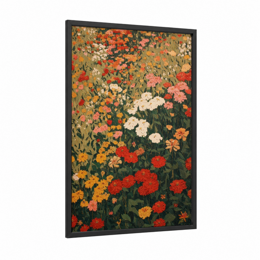 Wildflower Meadow framed flower field print — black wood frame — red and orange palette
