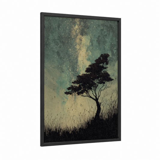 Starlit Acacia framed savanna and desert trees print — black wood frame — teal and gold palette