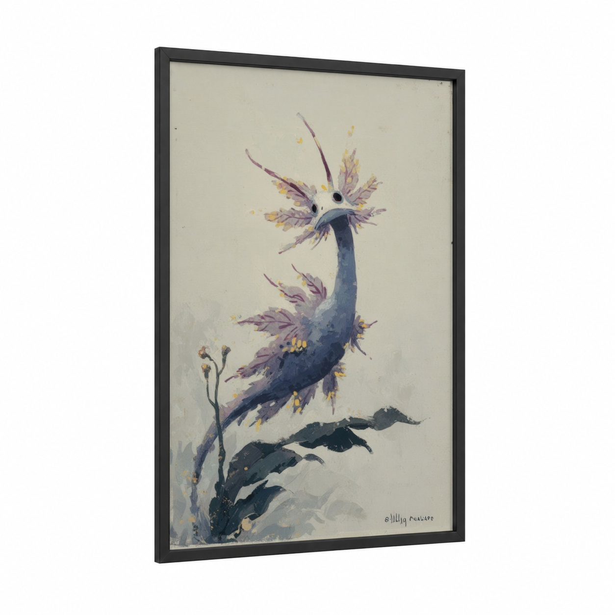 Purple Nudibranch framed art print — black wood frame — purple and cream palette