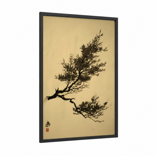 Windswept Cedar framed cedar tree print — black wood frame — black and white and beige palette