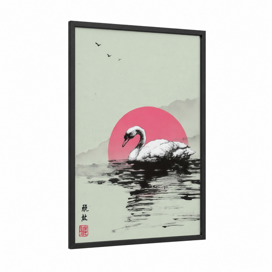 Crimson Swan framed art print — black wood frame — magenta and gray and white palette