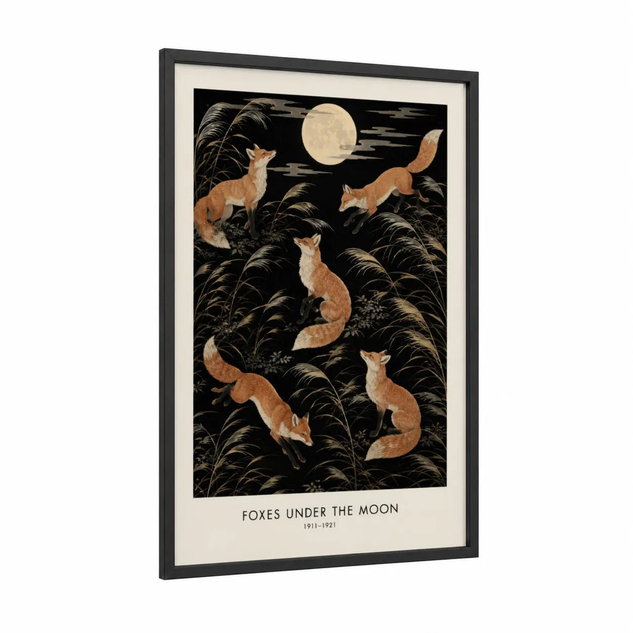Japanese Foxes Under Full Moon Wall Art framed art print — black wood frame — black and gold and cream palette