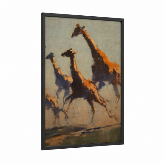 Golden Savanna Giraffe framed art print — black wood frame — gold and brown palette