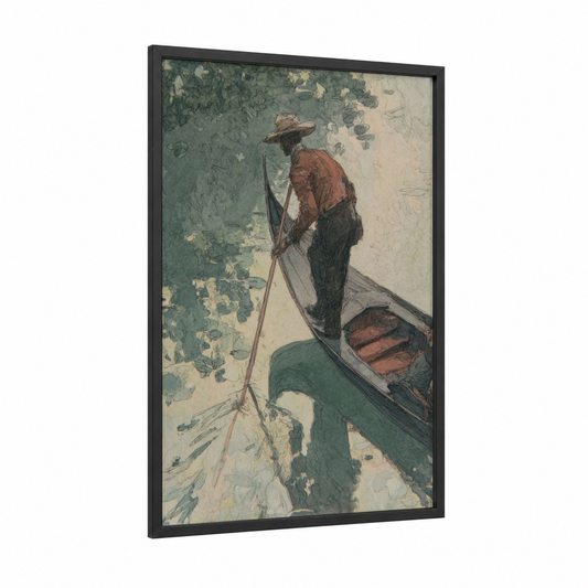 Venetian Gondolier framed gondola print — black wood frame — sage green and brown palette