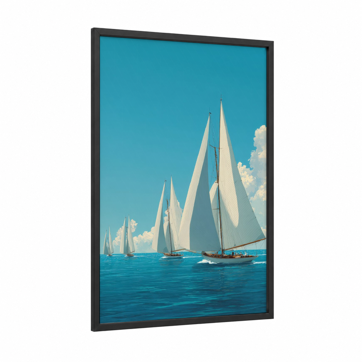 Classic Sailboat Race framed sailing ship print — black wood frame — blue and white palette