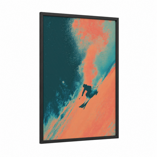 Alpine Descent framed skiing print — black wood frame — orange and teal palette