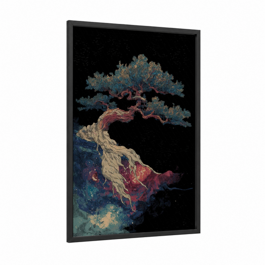Cosmic Bonsai framed bonsai tree print — black wood frame — dark blue and rose gold palette