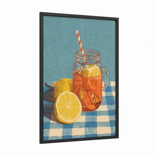 Citrus Refresher framed iced tea print — black wood frame — teal and gold palette
