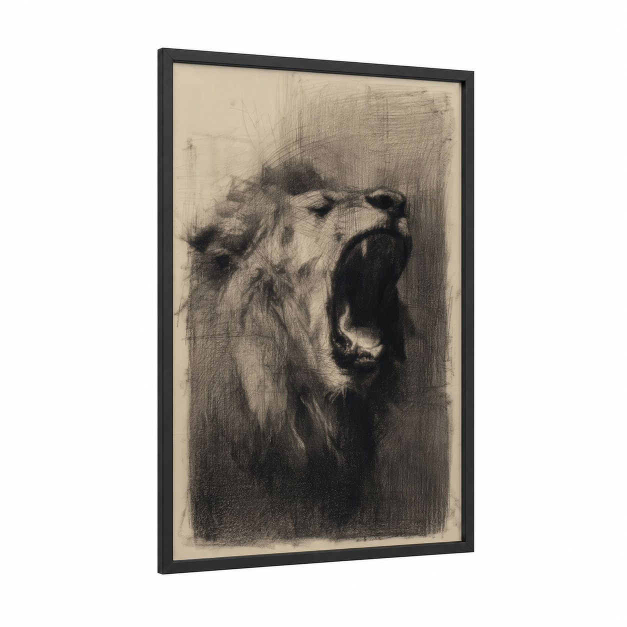 Roaring Lion framed art print — black wood frame — black and white and gray palette