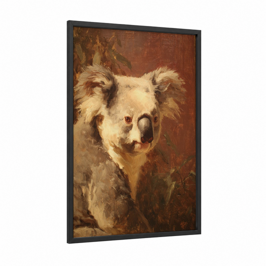 Cream Koala Portrait framed art print — black wood frame — russet and cream palette