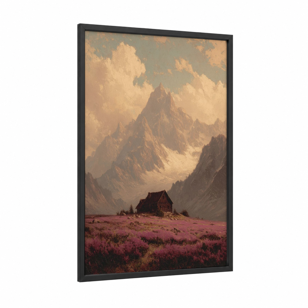 Alpine Cottage Dreams framed art print — black wood frame — gold and magenta palette