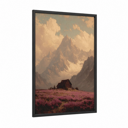 Alpine Cottage Dreams framed art print — black wood frame — gold and magenta palette